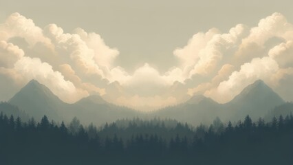 Obraz premium Serene Mountain Peaks Emerge Through Golden, Wispy Clouds Above Dark Pine Forest