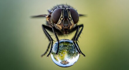 Fototapeta premium Extreme Close-up of a Fly's Compound Eye Reflecting a Lush Green Forest Scene in a Water Droplet