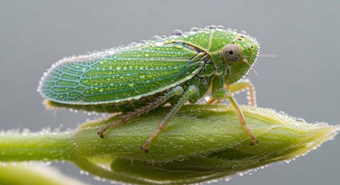 Extreme Close-up of a Dew-Covered Green Leafhopper on a Bud