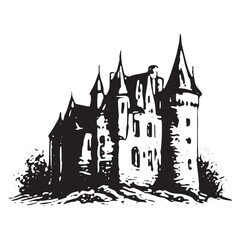 Obraz premium Castle with Central Tower and Rocky Base – Black and White Medieval Sketch
