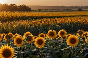 Obraz premium A wide panoramic view of a sunflower field under a golden sunset