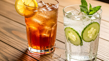 Close-up of drinks with condensation on a wooden table with soft ambient glow, with sufficient natural or ambient lighting to enhance clarity and mood.