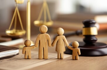 Wooden family figures are placed on legal documents, with a gavel and scales of justice in the background, symbolizing family law and legal processes