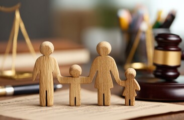 Wooden family figures are placed on a legal document, symbolizing family law, child custody, and legal processes related to families
