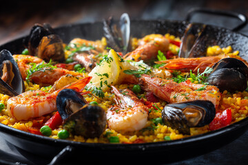 Spanish paella with saffron rice and fresh seafood
