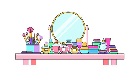 Obraz premium Illustration of a dressing table with mirror, makeup brushes, and various cosmetic products displayed on it