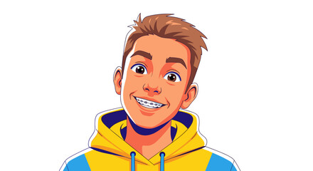 Obraz premium Illustration of a smiling young man with braces wearing a yellow and blue hoodie on a white background