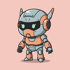 Cute chibi robot mascot in orange and grey armor. A friendly futuristic android character illustration with glowing eyes on a pink background.