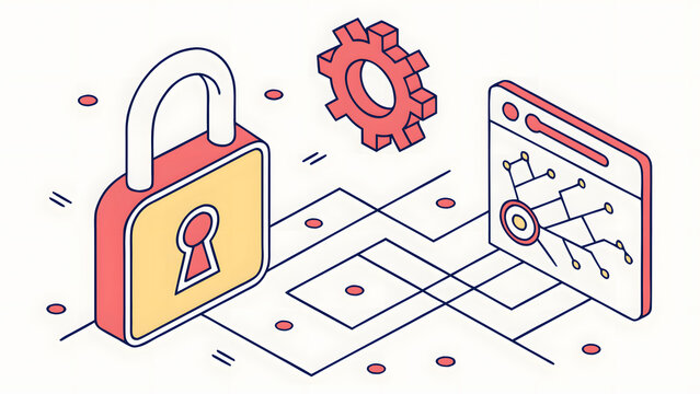 Cybersecurity concept illustration with a padlock, gear, and website window showing network connections.