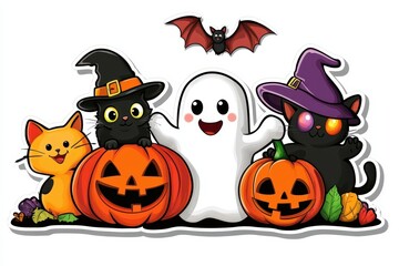 Cute Halloween Characters with Pumpkins and Bat for Festive Celebration