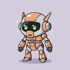 Obraz premium Charming orange and white cute mecha chibi robot mascot with big green eyes, standing in a cute pose. A friendly futuristic character illustration.