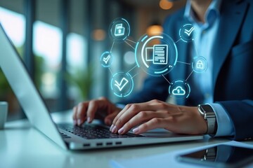 Modern business professional managing data security on laptop