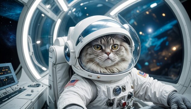 Cute astronaut cat in white space suit inside futuristic spacecraft cockpit, sci fi exploration concept, humorous pet, costume, pet day