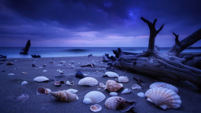 Cosmic Shoreline: Seashells and Driftwood Beneath a Starry Twilight Sky