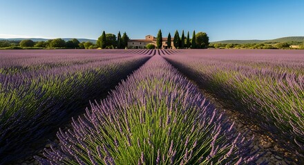 Obraz premium Stunning panoramic view of a purple lavender field in Provence with rows leading to a traditional stone farmhouse at sunrise.