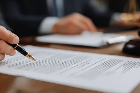 Lawyer pointing at contract details with a pen, analyzing legal documents and discussing agreement terms in a professional office setting