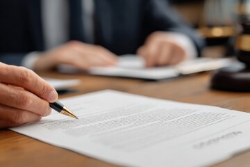 Business professional signing a legal document at a desk, focusing on the details. The scene conveys themes of law, business, and professionalism