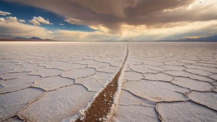A Lone Path Through Hexagonal Salt Crust Under a Stormy, Sunlit Sky