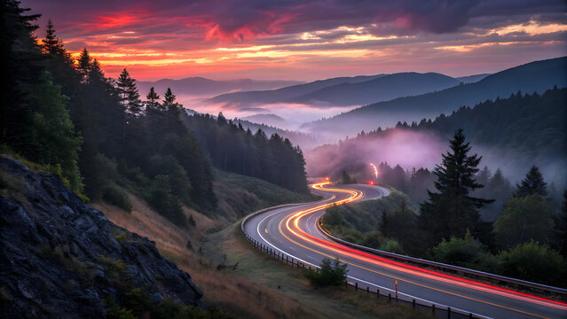 A winding road with light trails at dusk, cutting through a misty forested mountain range under a vibrant sunset sky with purple and orange hues.