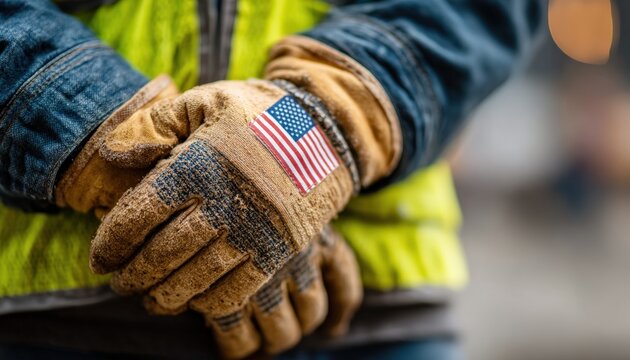 Close up of construction worker's hands crossed, wearing work gloves with an American flag patch, symbolizing patriotism and labor