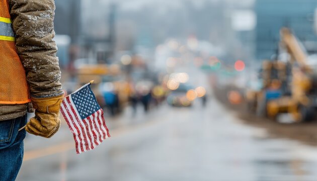 Construction worker holding small american flag during demonstration or protest on blurred urban background