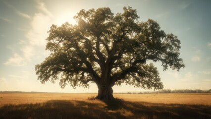 Fototapeta premium Majestic Solitary Oak Tree Bathed in Ethereal Golden Hour Light