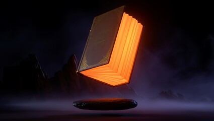 Magical Glowing Book Floating in a Mystical Landscape Symbolizing Knowledge Learning and Enchantment with Subtle Fantasy Theme and Dramatic Lighting