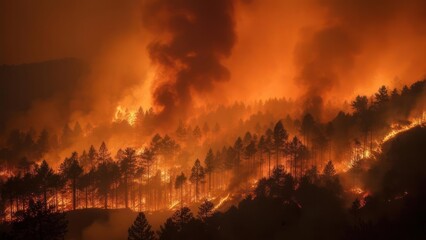 Apocalyptic Orange Glow as a Massive Wildfire Consumes a Forested Hillside