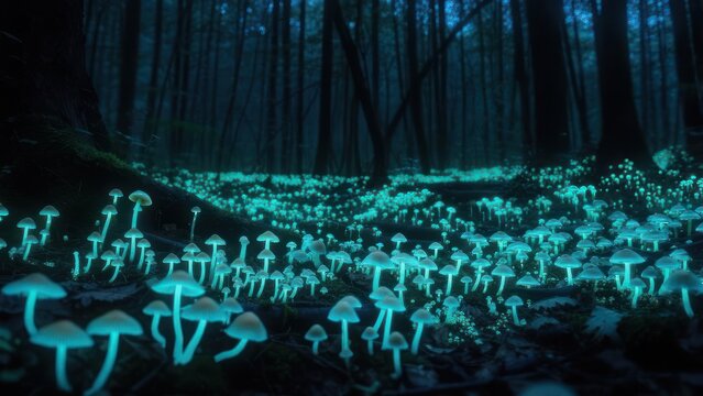 A Luminous Carpet of Cyan Fungi Blanketing a Mystical Night Forest