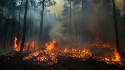Raging Inferno on the Forest Floor Amidst Smoky, Silhouetted Pine Trees