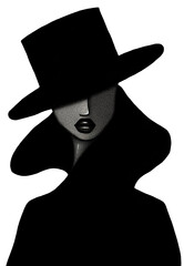 Minimalist black and white fashion illustration of mysterious woman in wide brim hat, modern art portrait silhouette, elegant beauty design, isolated PNG with transparent background