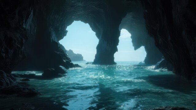 Ethereal View from a Dark Sea Grotto onto a Sparkling Cyan Sea