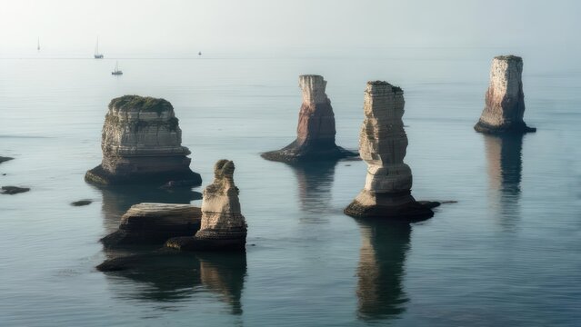 Dramatic Sea Stacks in Misty Waters with Sailboats, Serene Coastal Landscape.