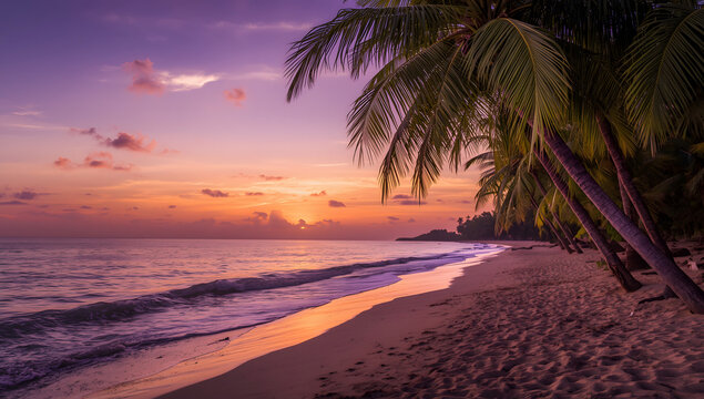Serene tropical sunset over a pristine beach, palm trees silhouetted against vibrant sky. - Powered by Adobe