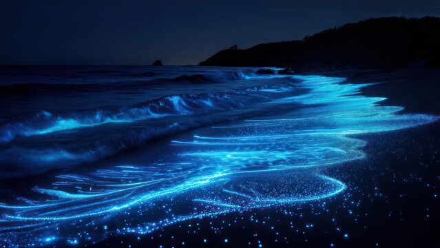 Bioluminescent Waves at Night: Glowing Blue Light on Dark Shoreline