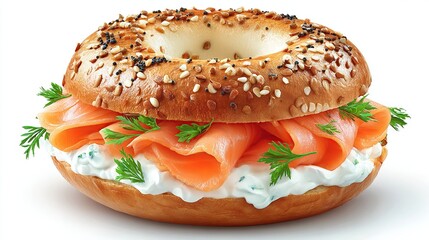 A toasted everything bagel topped with cream cheese, smoked salmon, and fresh dill, presented on a white background