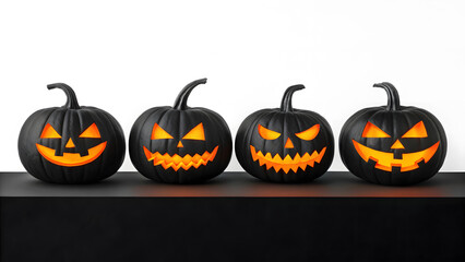 Four carved black halloween pumpkins with glowing faces in a row