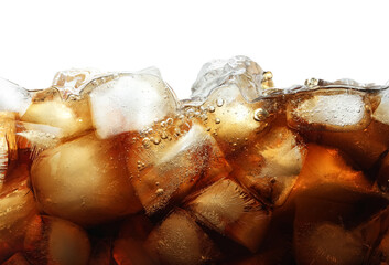 Refreshing cola with ice isolated on white, closeup