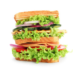 Yummy sandwich with ham, chicken breast and vegetables isolated on white