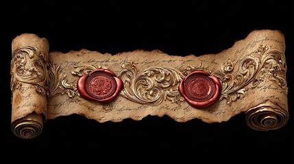 Aged scroll, partially unrolled, with decorative relief, red seals, and faded handwritten text on black