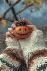Cute Halloween Pumpkin with Hand Knit Sweater and Fall Background