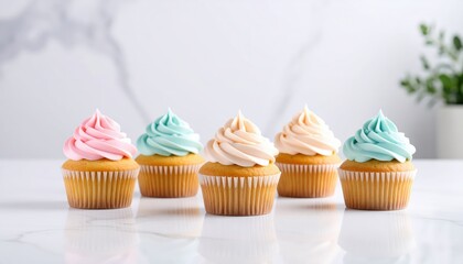 Deliciously styled cupcakes in pastel colors on a marble surface.