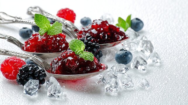 Berry jam on antique spoons surrounded by crushed ice, with fresh berries & mint