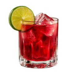 Refreshing cocktail with vibrant red color, ice cubes, and slice of lime garnish, perfect for summer gatherings