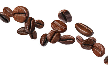Roasted coffee beans flying against white background