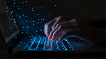 Hands typing on glowing laptop keyboard in the dark digital technology - Powered by Adobe