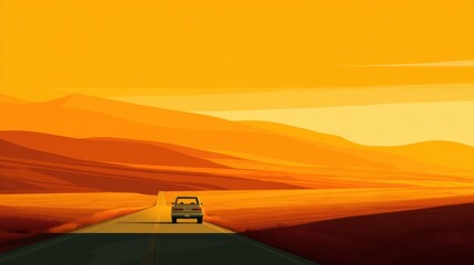 Vehicle driving on highway at sunset in hilly, desert landscape illustration