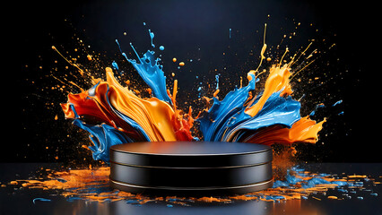 Black podium with orange and blue paint splash explosion on dark background image