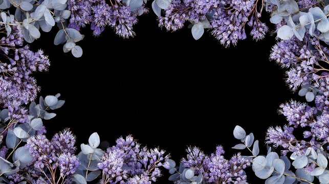 Floral frame of purple flowers and pale eucalyptus leaves on a black background