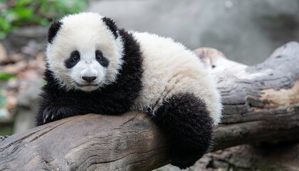 Fototapeta premium Curious Baby Giant Panda Resting on a Log